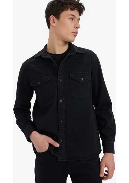 %100 Pamuk Regular Fit Jean Uzun Kollu İnce Gömlek E5711AX25SP