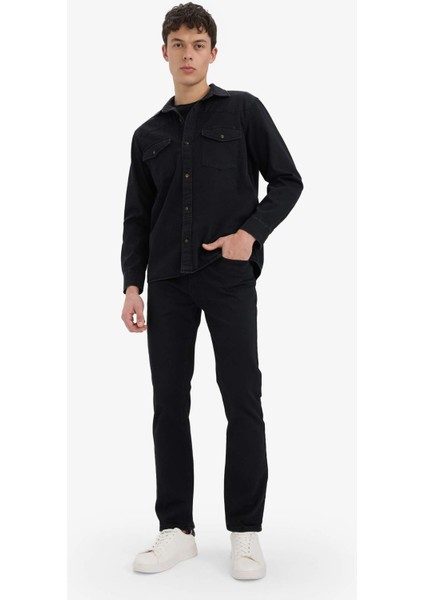 %100 Pamuk Regular Fit Jean Uzun Kollu İnce Gömlek E5711AX25SP