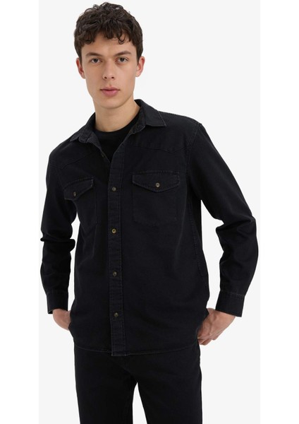 %100 Pamuk Regular Fit Jean Uzun Kollu İnce Gömlek E5711AX25SP