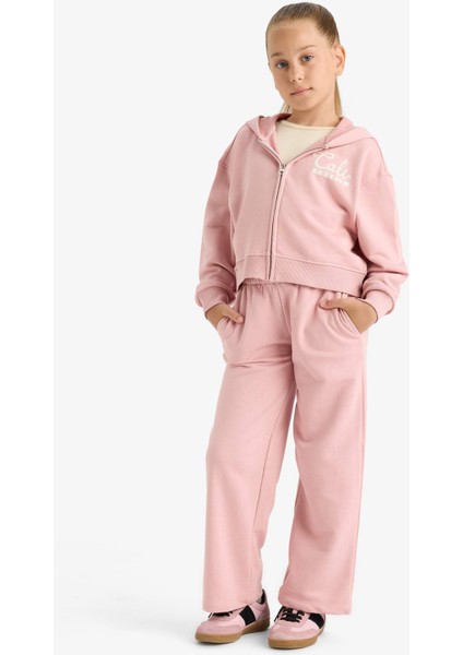 Kız Çocuk 2'li Takım Baskılı Kapüşonlu Fermuarlı Sweatshirt Eşofman Altı E6417A825AU