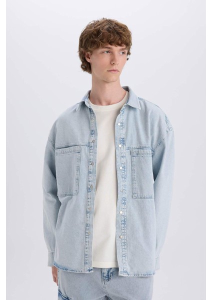 %100 Pamuk Oversize Geniş Kalıp Uzun Kollu Jean Gömlek D8333AX25SP