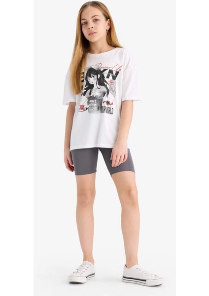 Kız Çocuk 2'li Takım Baskılı Kısa Kollu Tişört Biker Tayt E5694A825HS