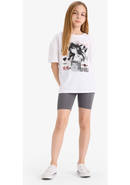 Kız Çocuk 2'li Takım Baskılı Kısa Kollu Tişört Biker Tayt E5694A825HS