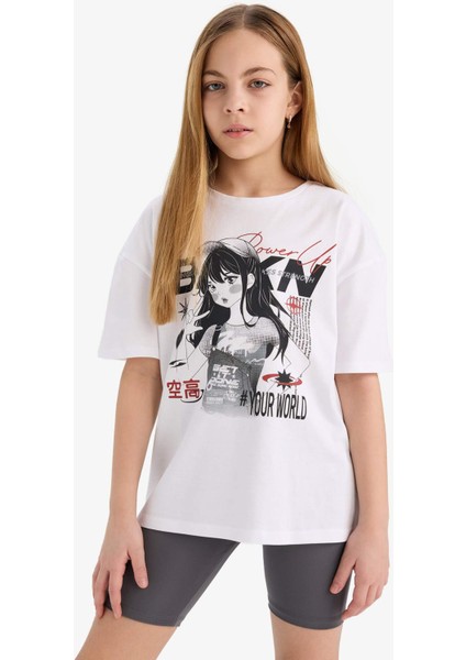 Kız Çocuk 2'li Takım Baskılı Kısa Kollu Tişört Biker Tayt E5694A825HS