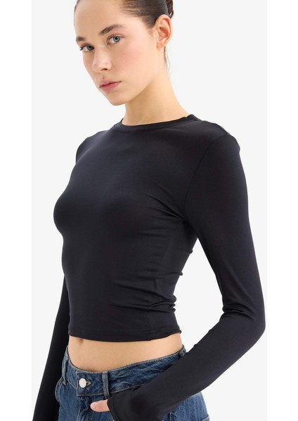 Fitted Bisiklet Yaka Basic Düz Uzun Kollu Tişört