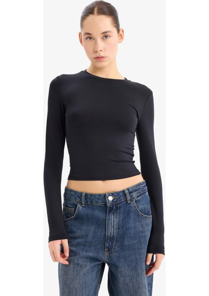 Fitted Bisiklet Yaka Basic Düz Uzun Kollu Tişört