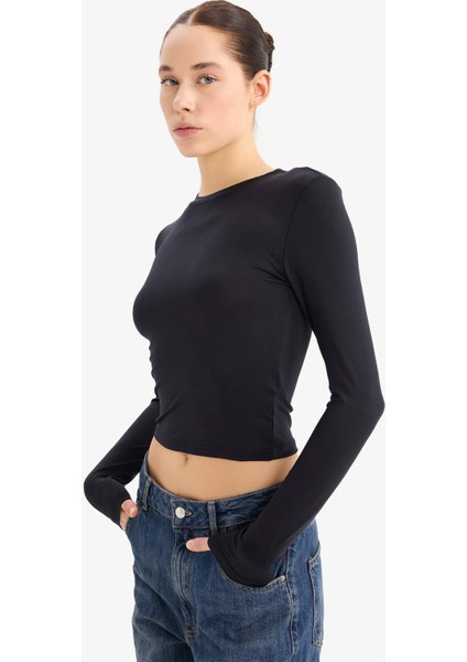 Fitted Bisiklet Yaka Basic Düz Uzun Kollu Tişört