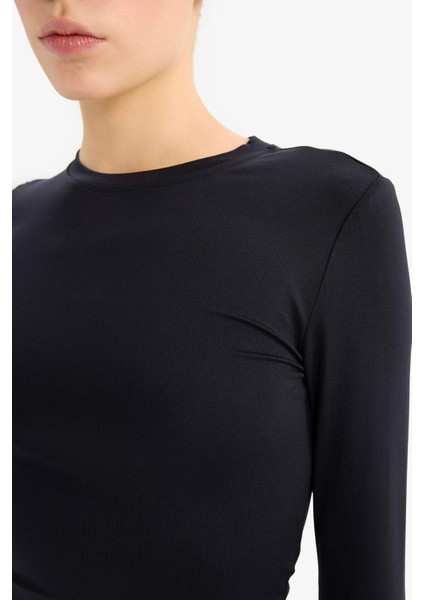 Fitted Bisiklet Yaka Basic Düz Uzun Kollu Tişört