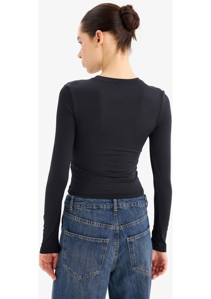 Fitted Bisiklet Yaka Basic Düz Uzun Kollu Tişört