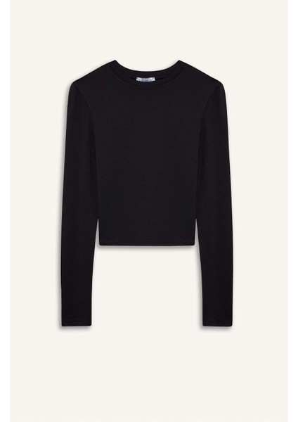 Fitted Bisiklet Yaka Basic Düz Uzun Kollu Tişört