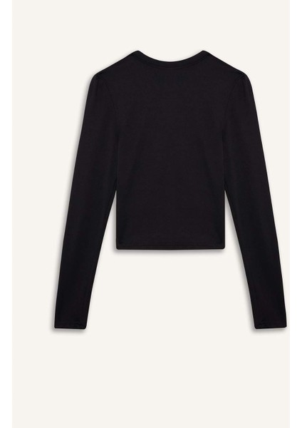 Fitted Bisiklet Yaka Basic Düz Uzun Kollu Tişört