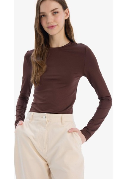 Fitted Bisiklet Yaka Basic Düz Uzun Kollu Tişört D0199AX25SP