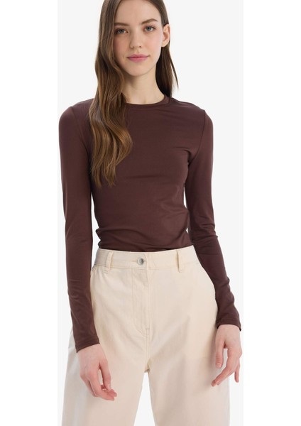 Fitted Bisiklet Yaka Basic Düz Uzun Kollu Tişört D0199AX25SP