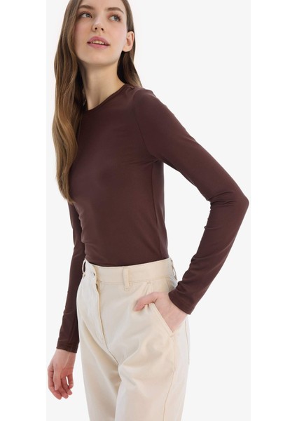 Fitted Bisiklet Yaka Basic Düz Uzun Kollu Tişört D0199AX25SP