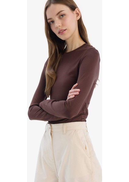 Fitted Bisiklet Yaka Basic Düz Uzun Kollu Tişört D0199AX25SP