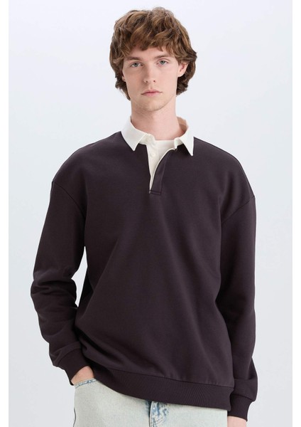 Boxy Fit Polo Yaka Basic Düz Sweatshirt