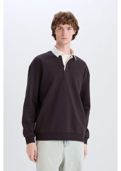 Boxy Fit Polo Yaka Basic Düz Sweatshirt