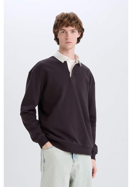 Boxy Fit Polo Yaka Basic Düz Sweatshirt