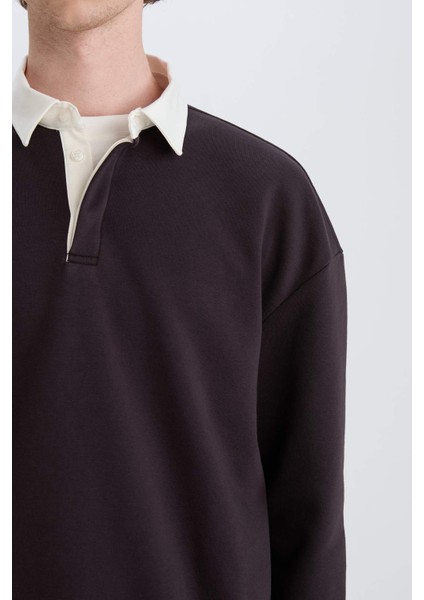 Boxy Fit Polo Yaka Basic Düz Sweatshirt