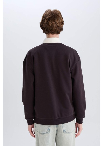 Boxy Fit Polo Yaka Basic Düz Sweatshirt