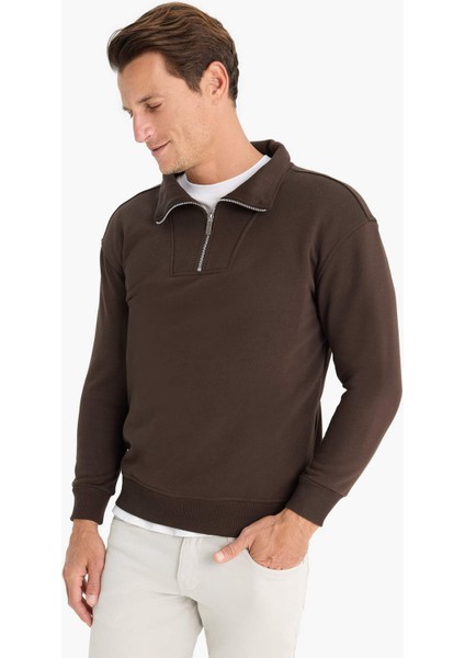 Relax Fit Dik Yaka Fermuarlı Basic Düz Kalın Sweatshirt E5332AX24WN