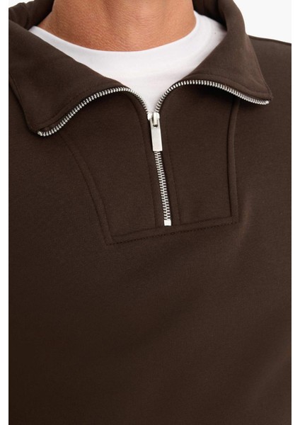 Relax Fit Dik Yaka Fermuarlı Basic Düz Kalın Sweatshirt E5332AX24WN