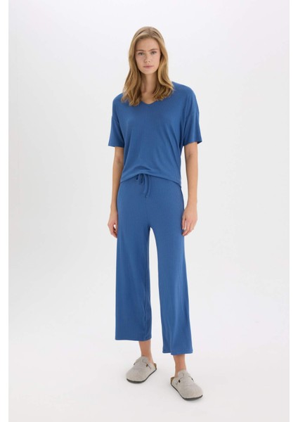 Pijama Takımı Fitilli Kaşkorse Kısa Kollu Üst Beli Lastikli Kapri Boy Alt-Fall in Love E0865AX25SP