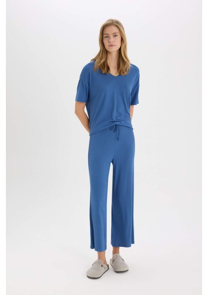 Pijama Takımı Fitilli Kaşkorse Kısa Kollu Üst Beli Lastikli Kapri Boy Alt-Fall in Love E0865AX25SP