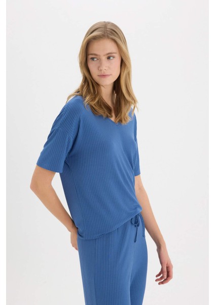 Pijama Takımı Fitilli Kaşkorse Kısa Kollu Üst Beli Lastikli Kapri Boy Alt-Fall in Love E0865AX25SP