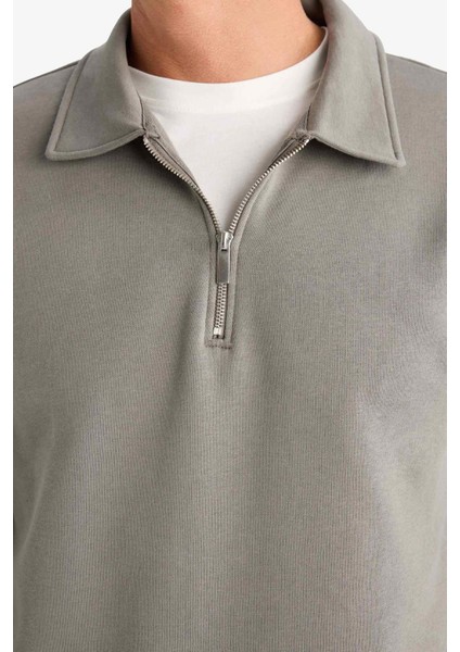 Relax Fit Polo Yaka Fermuarlı Basic Düz Kalın Sweatshirt E5333AX24WN