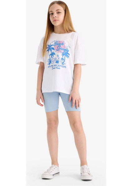 Kız Çocuk 2'li Takım Baskılı Kısa Kollu Tişört Biker Tayt E5694A825HS