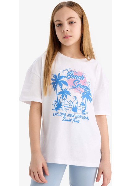 Kız Çocuk 2'li Takım Baskılı Kısa Kollu Tişört Biker Tayt E5694A825HS