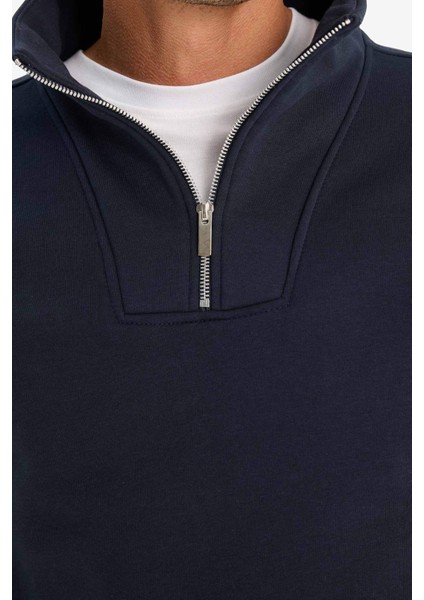 Relax Fit Dik Yaka Fermuarlı Basic Düz Kalın Sweatshirt E5332AX24WN