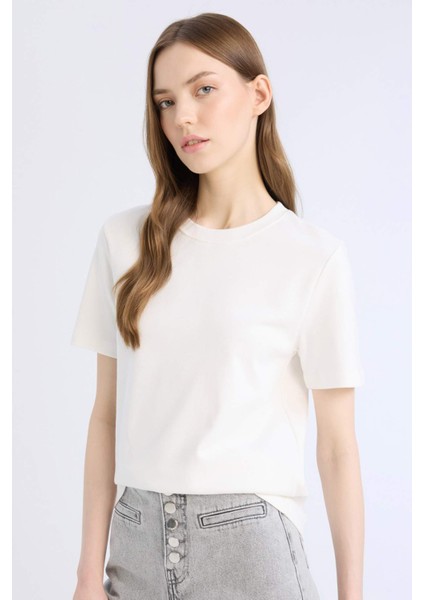 Regular Fit Bisiklet Yaka Basic Düz Kalın Kısa Kollu Beyaz Tişört D7579AX25SP