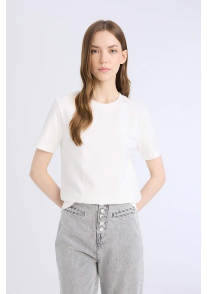 Regular Fit Bisiklet Yaka Basic Düz Kalın Kısa Kollu Beyaz Tişört D7579AX25SP