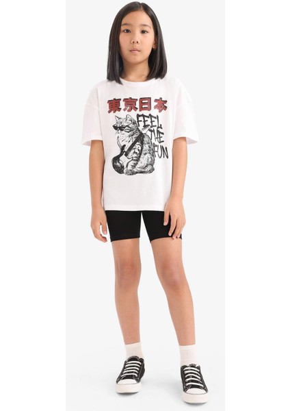 Kız Çocuk 2'li Takım Baskılı Kısa Kollu Tişört Biker Tayt E5698A825HS