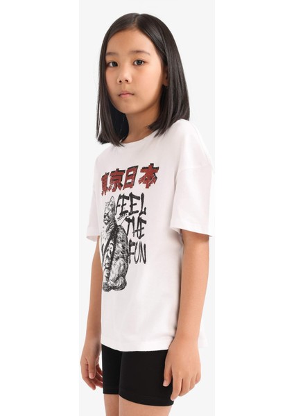 Kız Çocuk 2'li Takım Baskılı Kısa Kollu Tişört Biker Tayt E5698A825HS