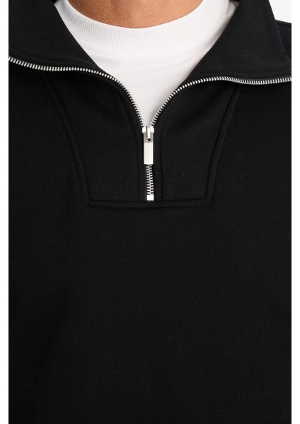 Relax Fit Dik Yaka Fermuarlı Basic Düz Kalın Sweatshirt E5332AX24WN