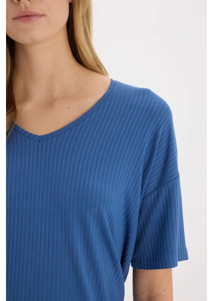 Pijama Takımı Fitilli Kaşkorse Kısa Kollu Üst Beli Lastikli Kapri Boy Alt-Fall in Love E0865AX25SP