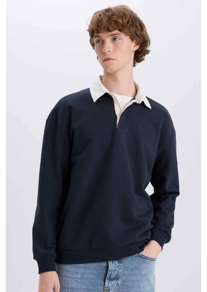 Boxy Fit Polo Yaka Basic Düz Sweatshirt E6523AX24WN