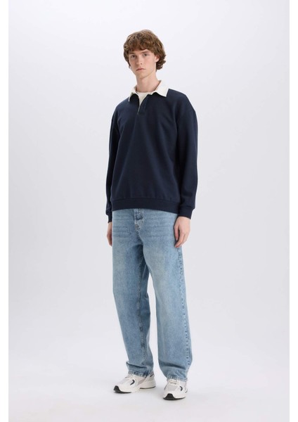 Boxy Fit Polo Yaka Basic Düz Sweatshirt E6523AX24WN