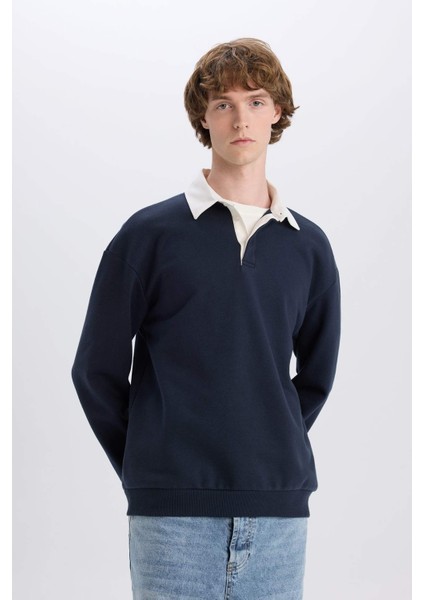 Boxy Fit Polo Yaka Basic Düz Sweatshirt E6523AX24WN