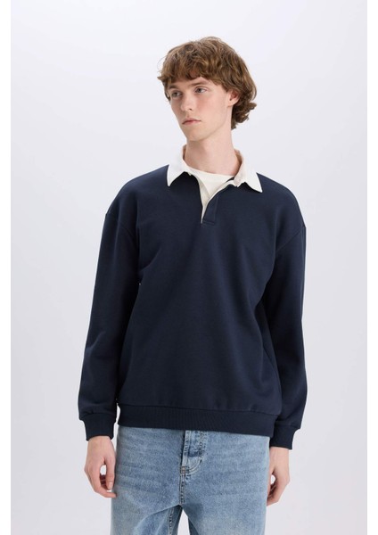 Boxy Fit Polo Yaka Basic Düz Sweatshirt E6523AX24WN