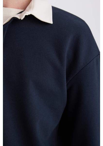 Boxy Fit Polo Yaka Basic Düz Sweatshirt E6523AX24WN
