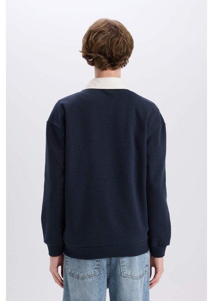 Boxy Fit Polo Yaka Basic Düz Sweatshirt E6523AX24WN