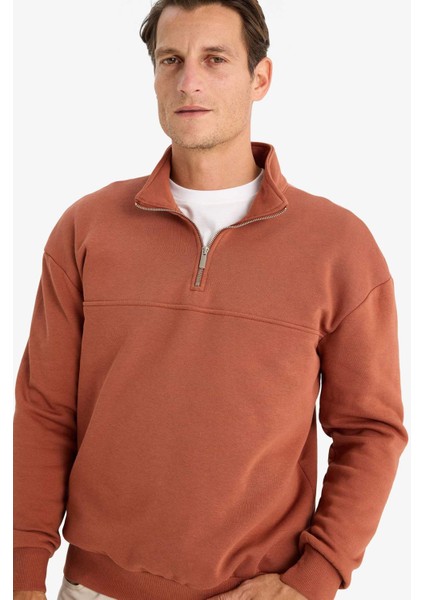 Relax Fit Dik Yaka Fermuarlı Basic Düz Kalın Sweatshirt E5334AX24WN