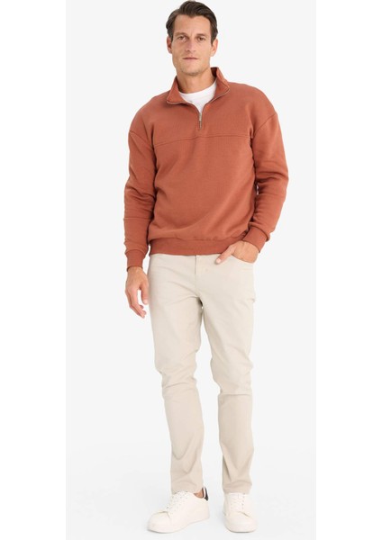 Relax Fit Dik Yaka Fermuarlı Basic Düz Kalın Sweatshirt E5334AX24WN