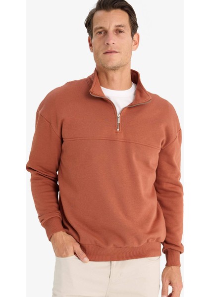 Relax Fit Dik Yaka Fermuarlı Basic Düz Kalın Sweatshirt E5334AX24WN