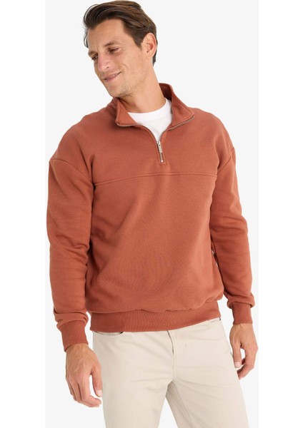 Relax Fit Dik Yaka Fermuarlı Basic Düz Kalın Sweatshirt E5334AX24WN