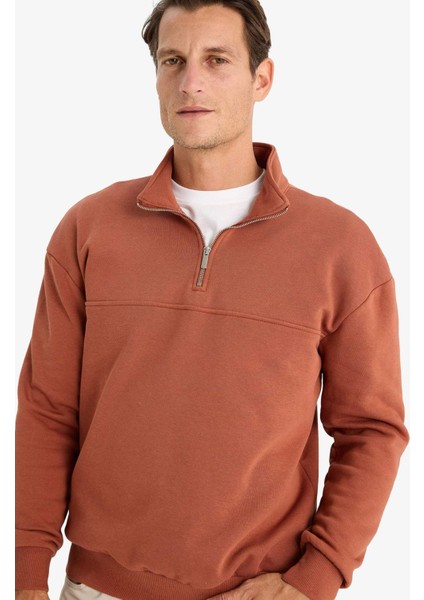 Relax Fit Dik Yaka Fermuarlı Basic Düz Kalın Sweatshirt E5334AX24WN